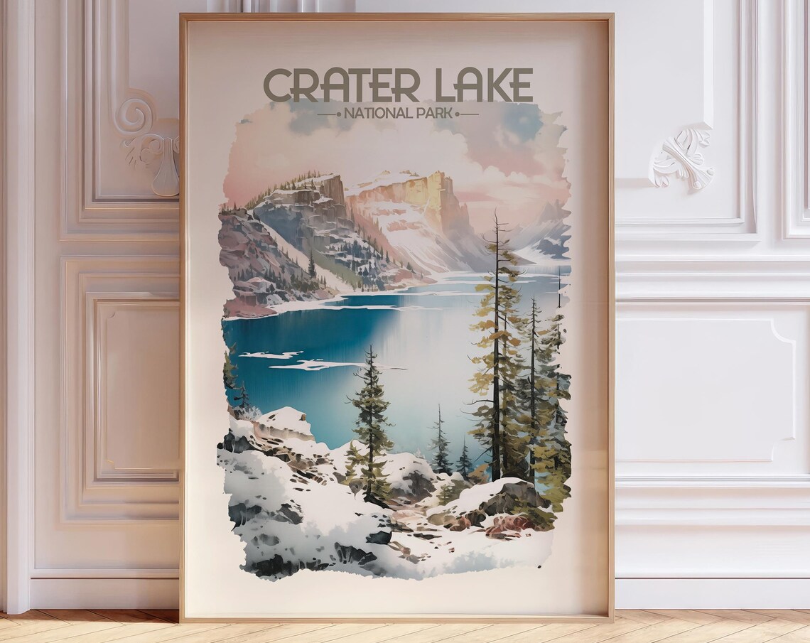 Crater Lake National Park Watercolor Travel Poster