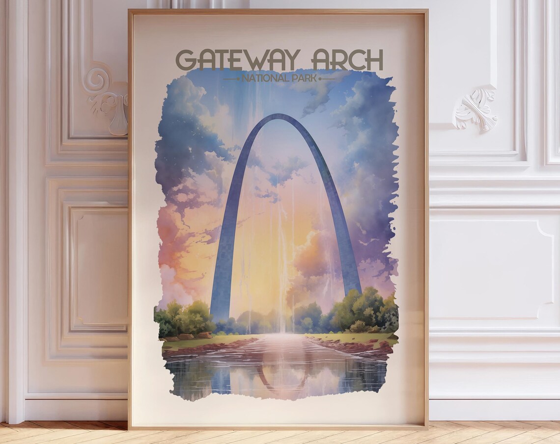 Gateway Arch National Park Sunset Watercolor Travel City Poster