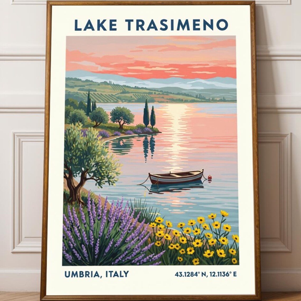 Lake Trasimeno Umbria Italy Sunset Rowboat Lavender Travel Poster