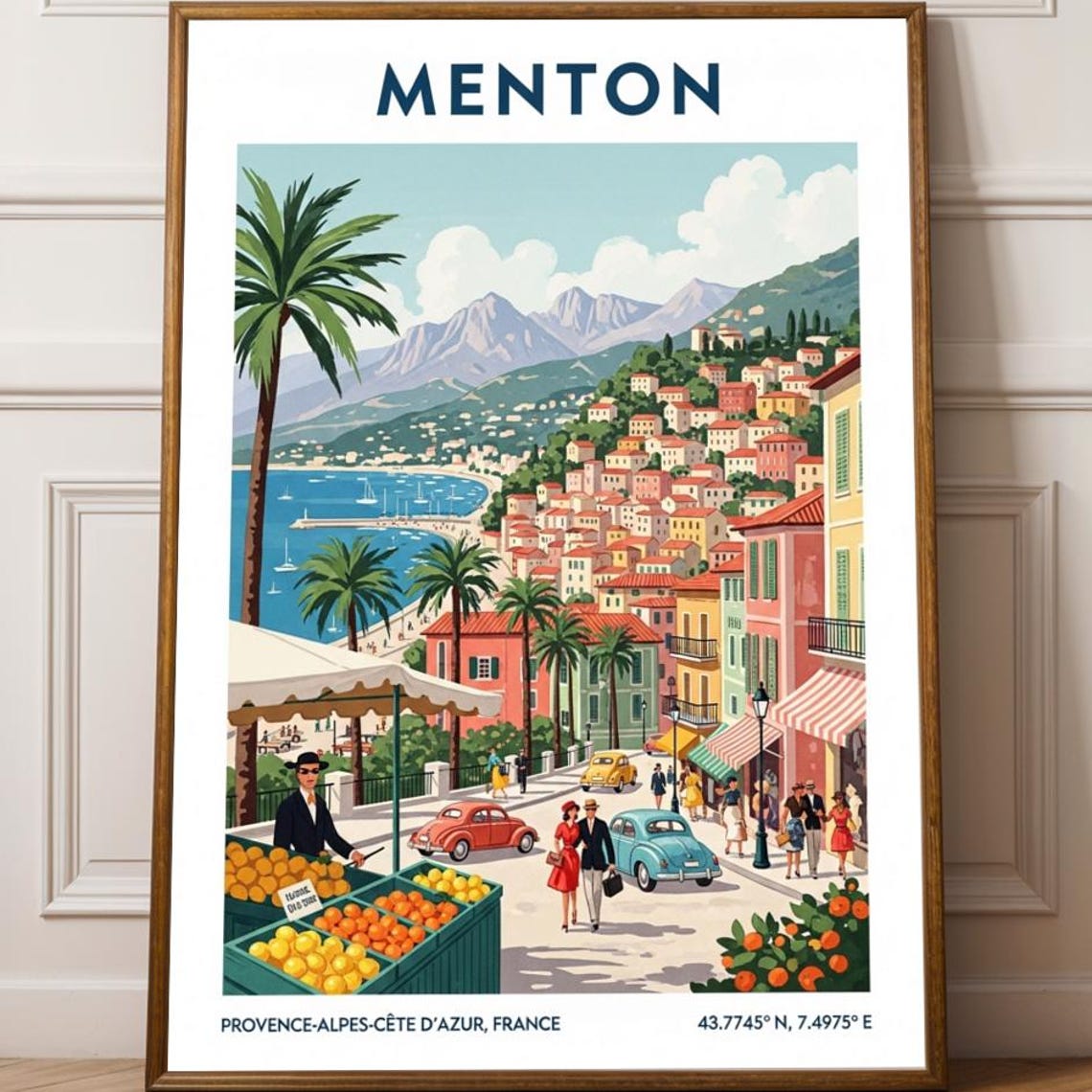 Menton French Riviera Poster Vintage Gouache Painting Blue And Green Orange Wall Art Travel Enthusiast Decor Living Room