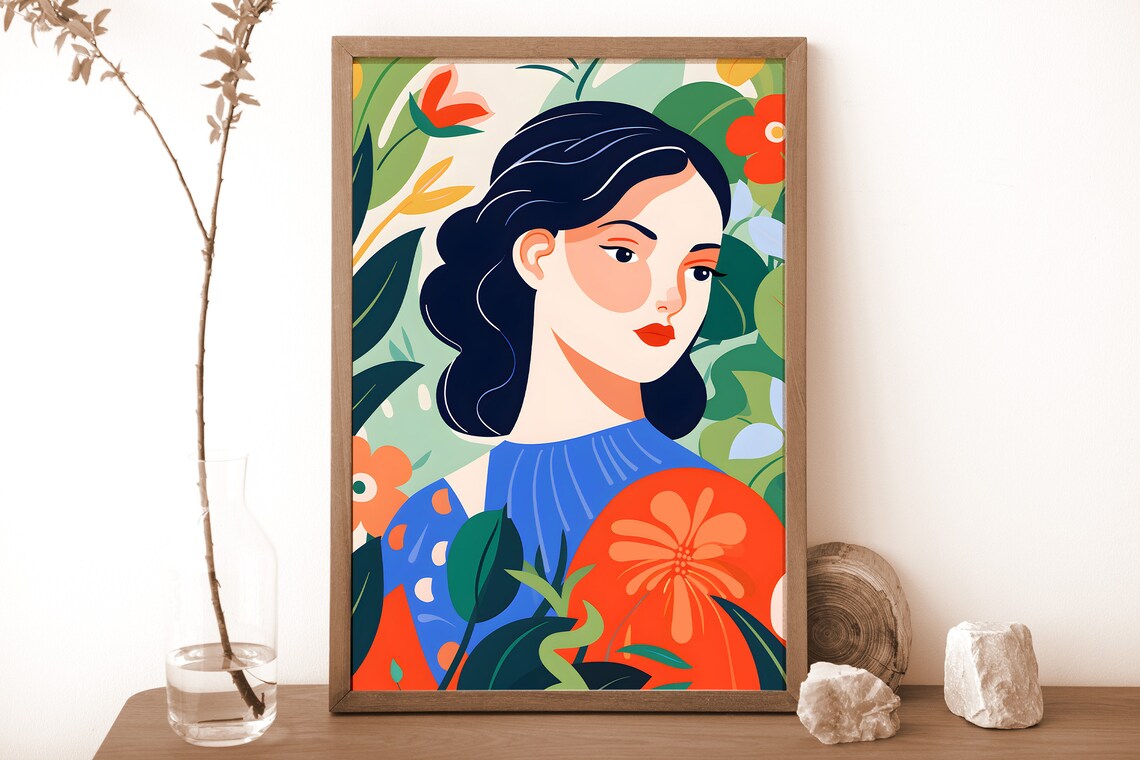 Stylized Woman Among Bold Flowers Pop Surrealism Portrait Poster for Eclectic Rooms