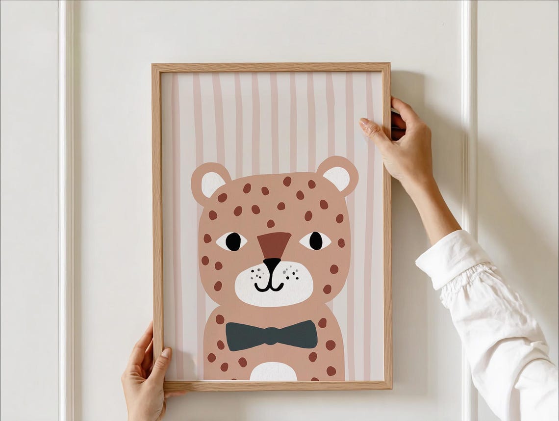 Cute Leopard With Bow Tie Pink Polka Dot Nursery Animal Art Poster