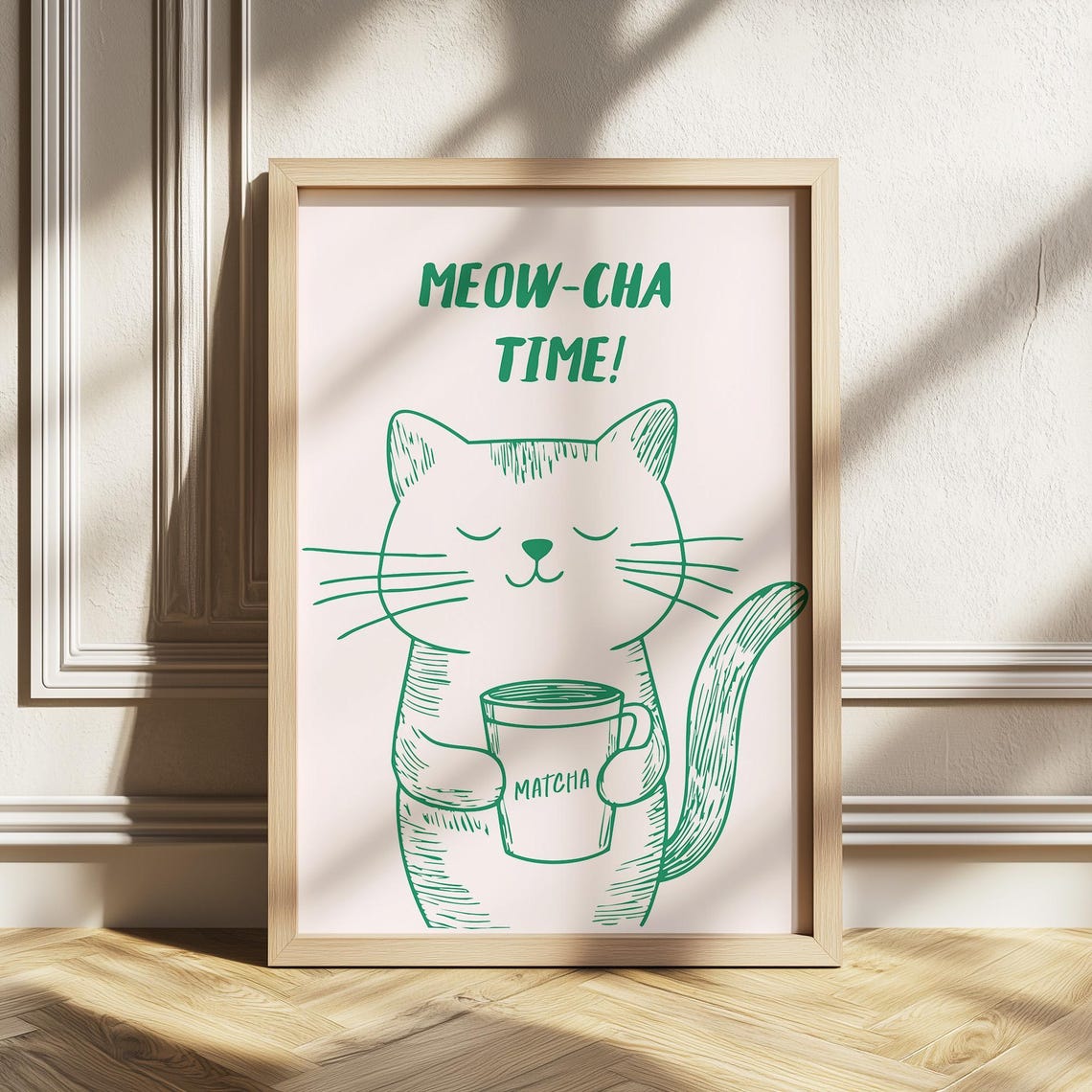 Meow-Cha Time Cat Drinking Matcha Green Line Art Funny Poster