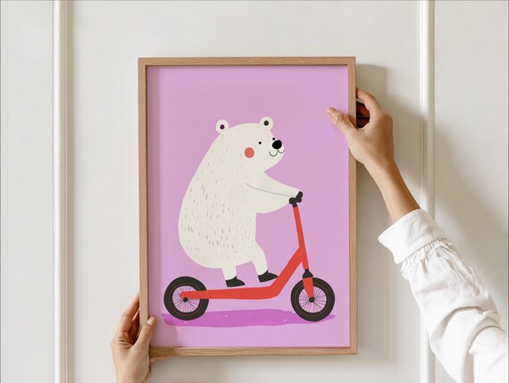 Cool Polar Bear Scooter Wall Art Girls Room Decor Whimsical Animal Print Playroom Poster Pink Nursery Toddler