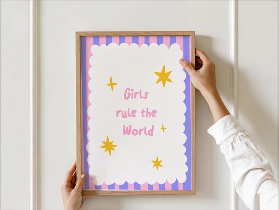 Girls Rule The World Wall Art Empowering Quote Poster For Room Pastel Pink Purple Striped Nursery Decor With Stars Typography