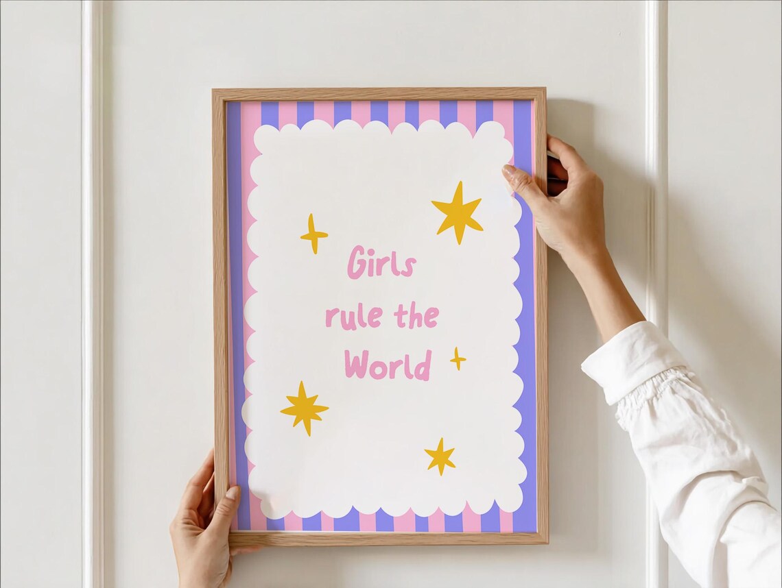 Girls Rule The World Empowering Pink Quote Nursery Room Poster