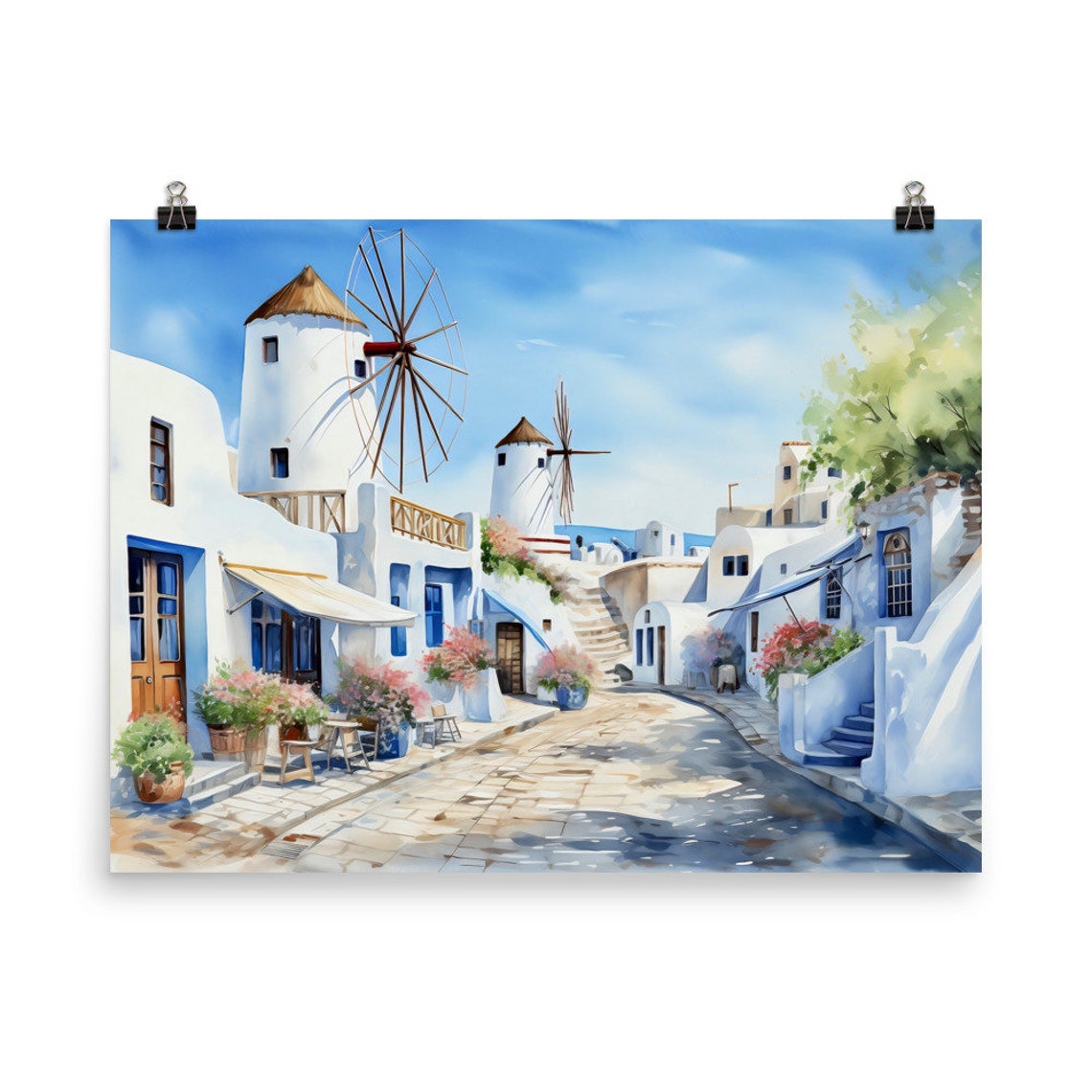 Greek Island Windmills Whitewashed Village Watercolor Seaside Poster