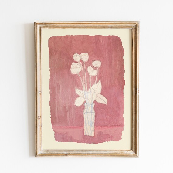 Pink Tulips Floral Still Life in Vase on Rosy Abstract Poster