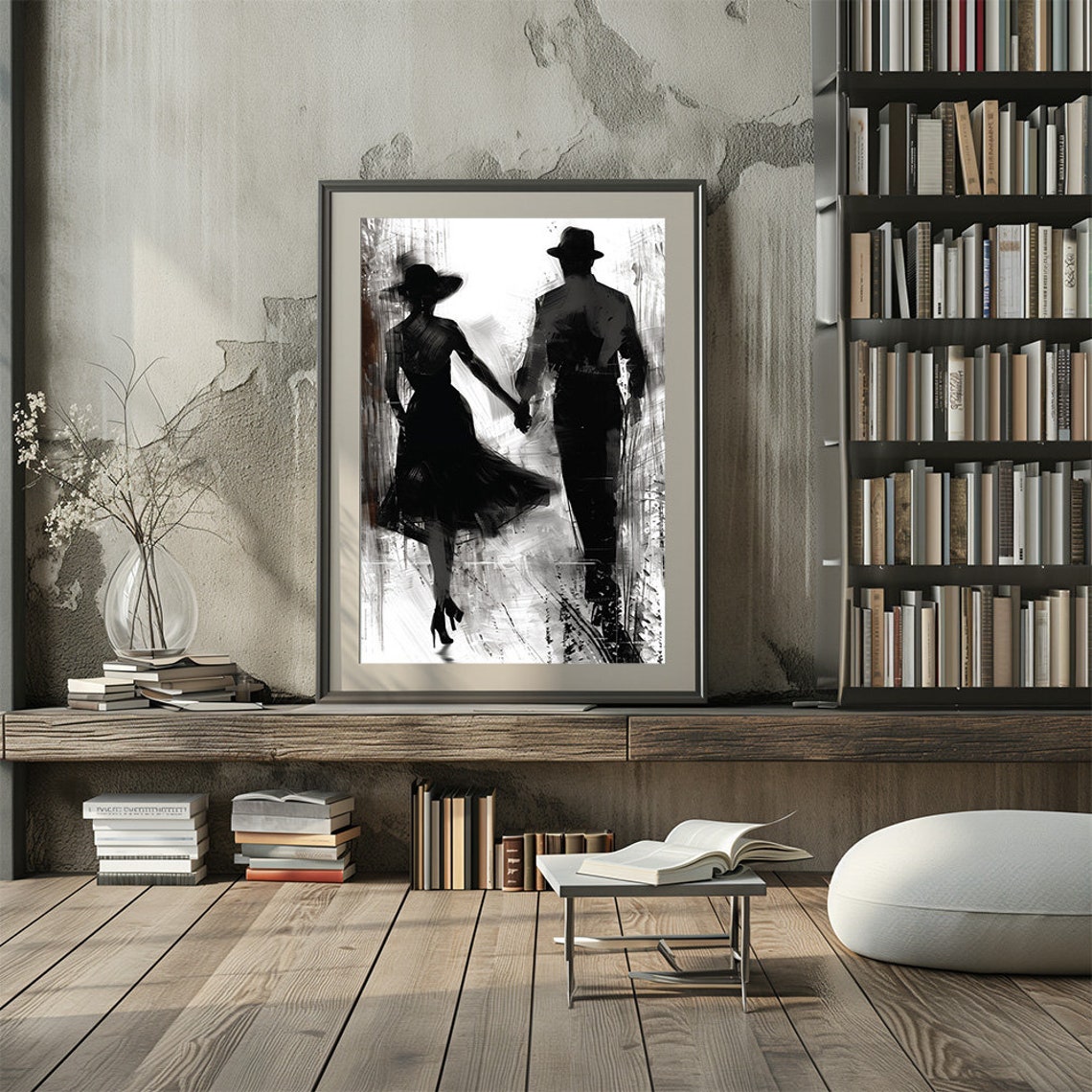 Black And White Couple Holding Hands Romantic Silhouette Poster - Image 2