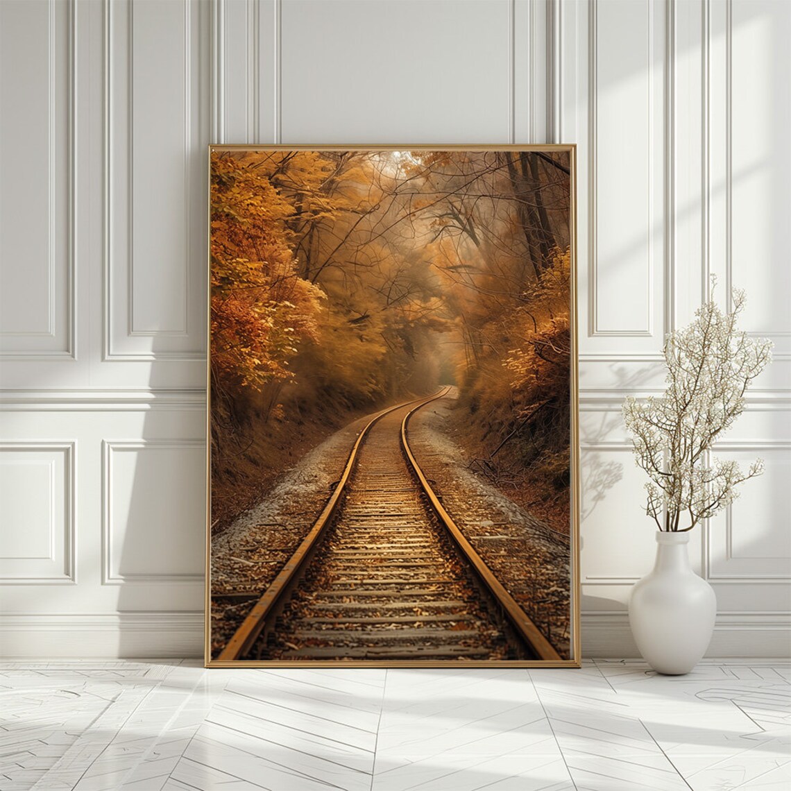 Autumn Railway Tracks Winding Through Golden Fall Forest Poster