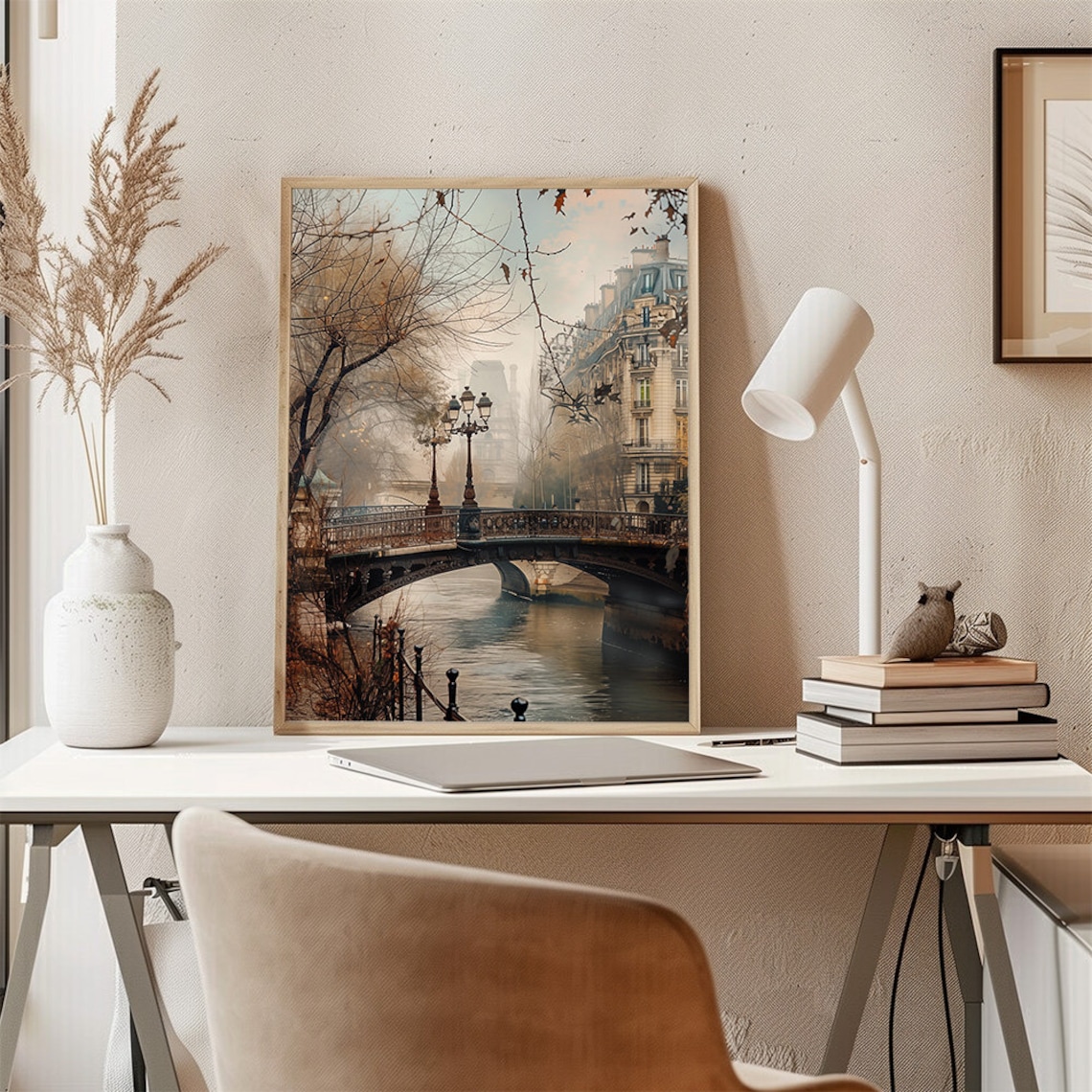 Vintage Paris Autumn Bridge Poster With Seine River City Scene