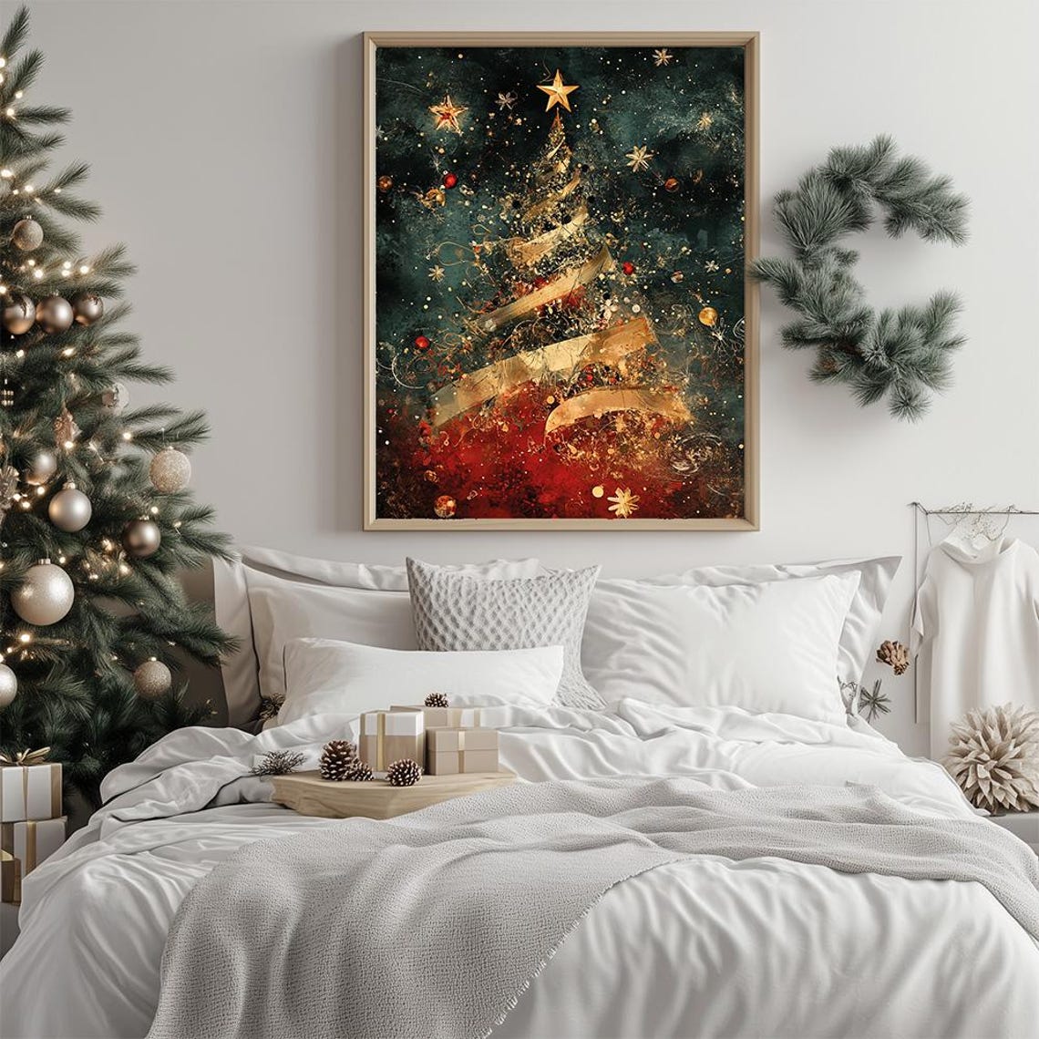 Golden Abstract Christmas Tree Dark Night Holiday Art Poster - Image 3