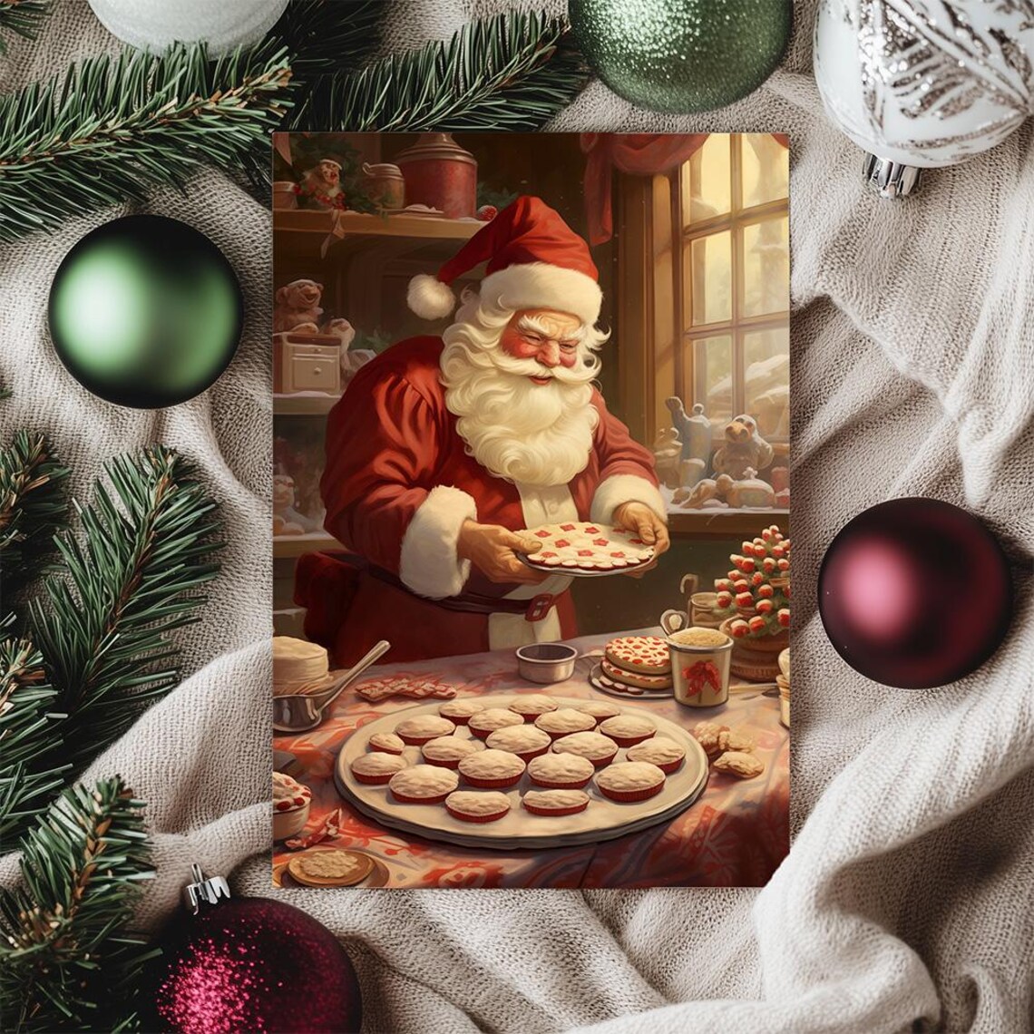 Santa Claus Baking Christmas Cookies Cozy Cottage Kitchen Poster - Image 2