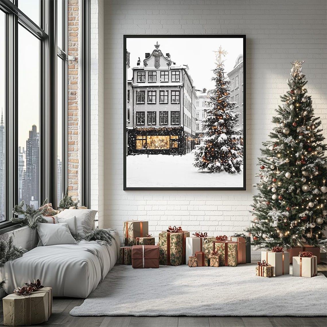 Snowy Scandinavian Christmas Town Square Poster With Lit Tree - Image 2
