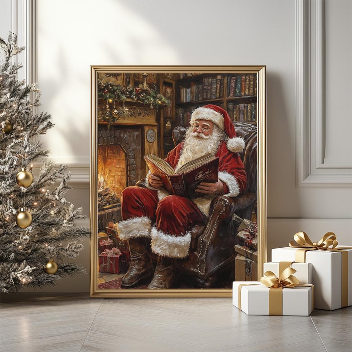 Vintage Santa Claus Reading by the Fireplace Christmas Art Poster