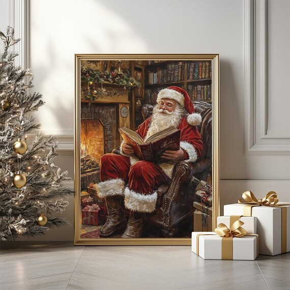 Vintage Santa Claus Reading by the Fireplace Christmas Art Poster