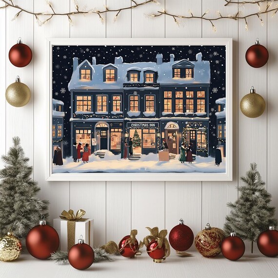 Snowy Christmas Inn At Night With Glowing Windows Holiday Poster
