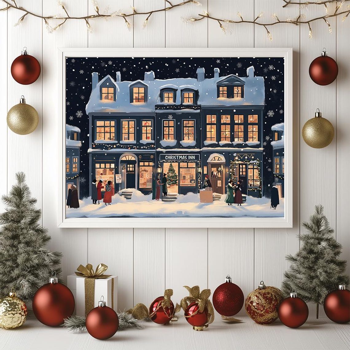 Snowy Christmas Inn At Night With Glowing Windows Holiday Poster