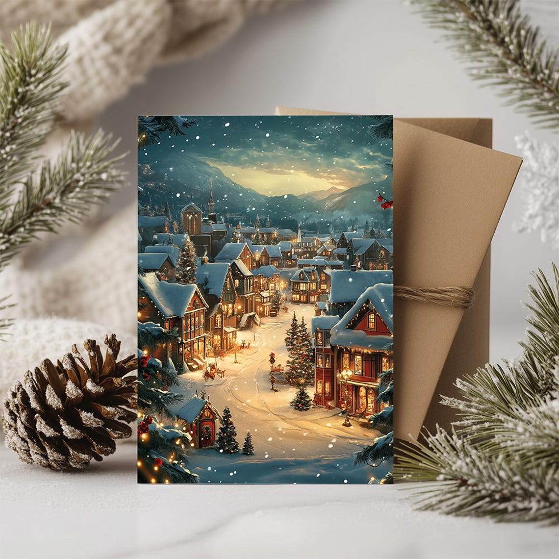 Snowy Christmas Village Dusk Lights Mountain Town Art Poster - Image 2