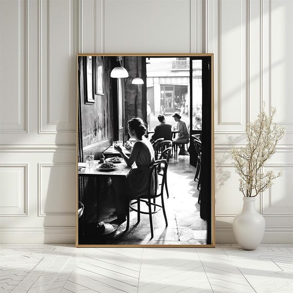 Parisian Cafe Scene Vintage Art Print, Black & White