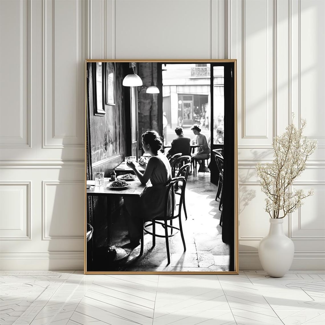 Parisian Cafe Scene Vintage Art Print, Black & White