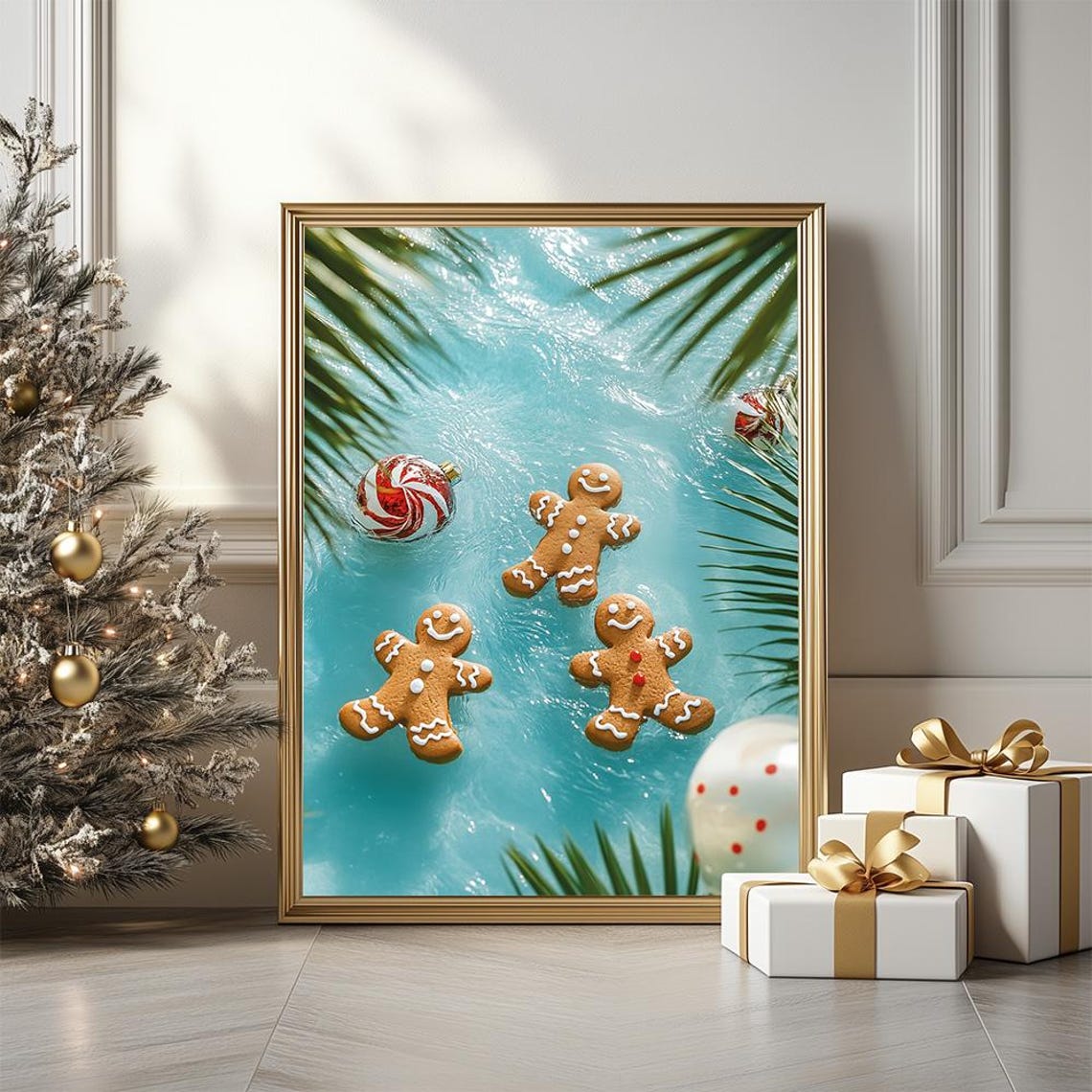 Tropical Christmas Gingerbread Men Floating In A Pool Party Poster