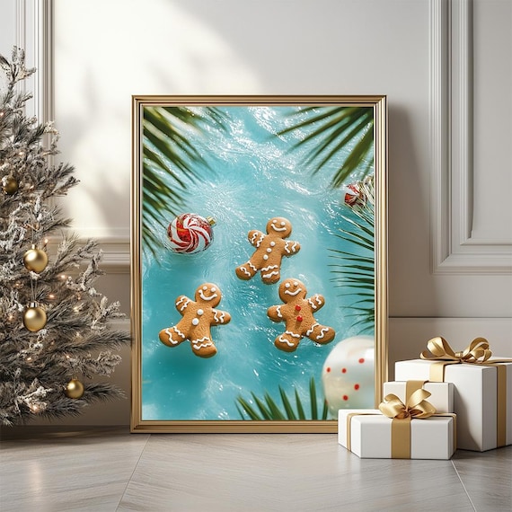 Tropical Christmas Gingerbread Men Floating In A Pool Party Poster