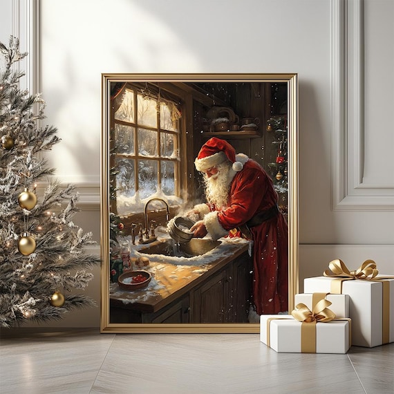 Vintage Santa Washing Dishes In A Rustic Snowy Kitchen Christmas Poster