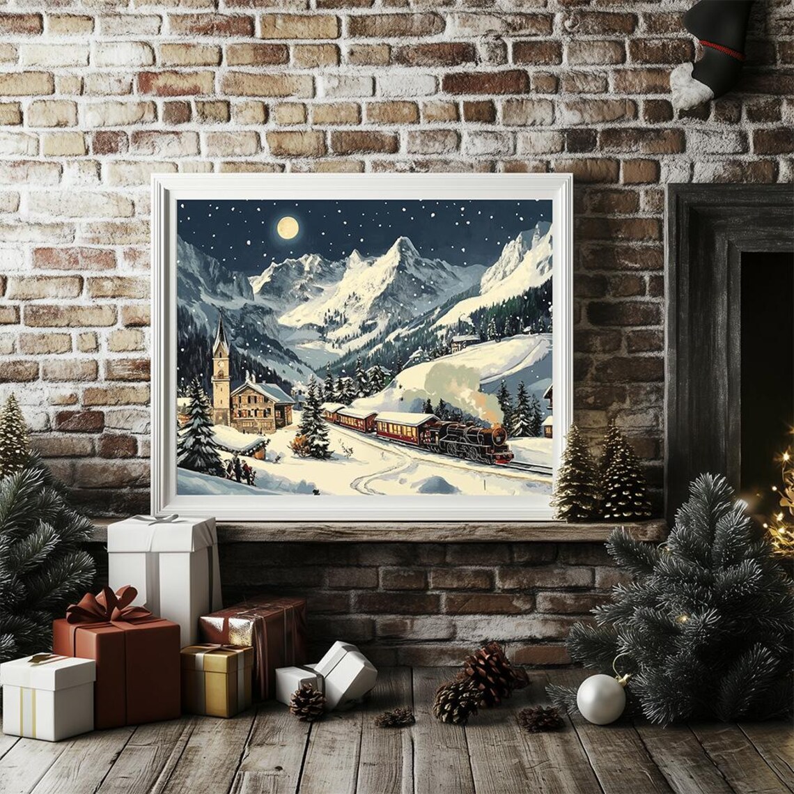 Vintage Steam Train Through Snowy Alps Village Christmas Art Poster - Image 2