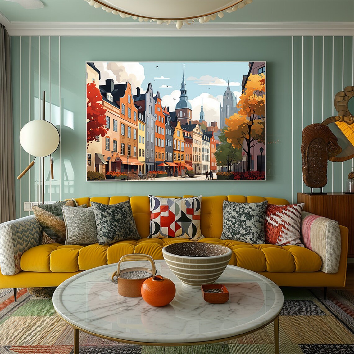 Colorful Scandinavian Old Town Street Illustration Art Poster - Image 2