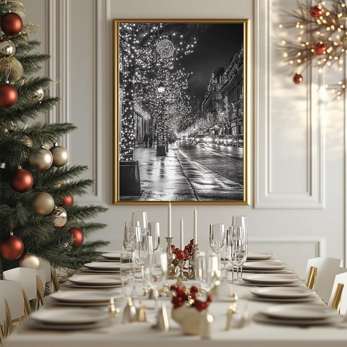 Paris Black and White Festive Night City Lights Christmas Poster - Image 3