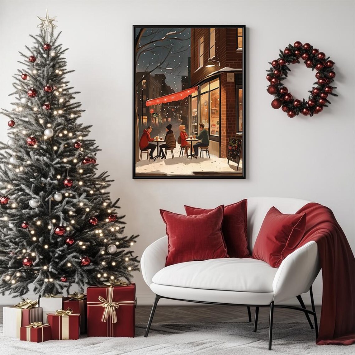 Snowy Night City Cafe With Red Awning Outdoor Tables Winter Poster - Image 2