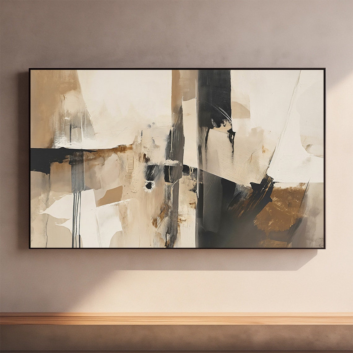 Beige Black Abstract Brushstroke Minimalist Modern Art Poster