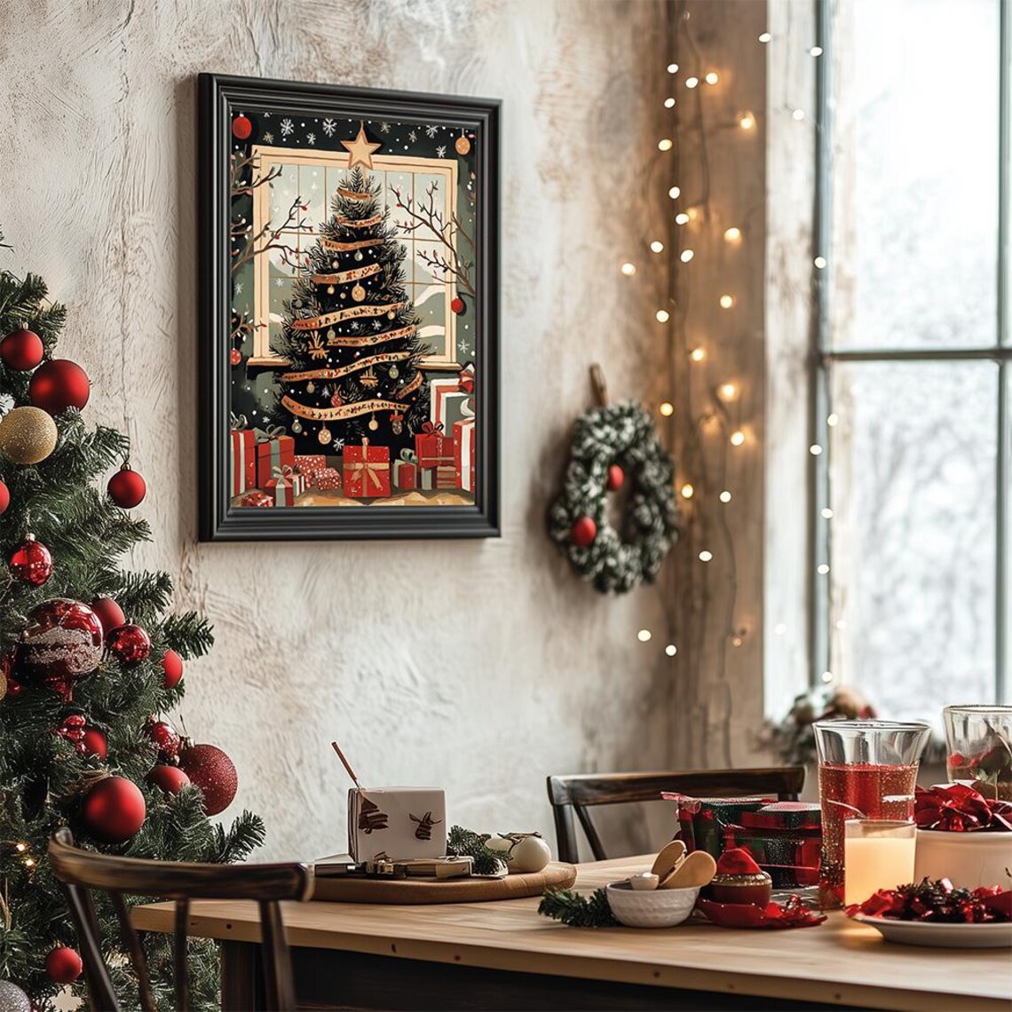Folk Art Christmas Tree Poster With Ribbons and Gifts Under Lights - Image 2