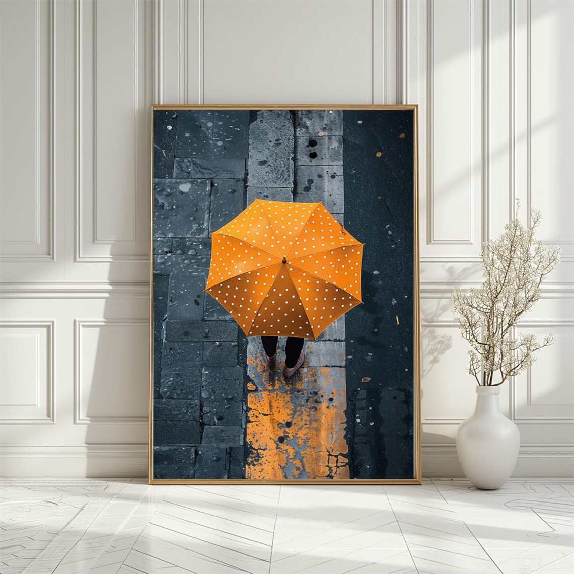 Yellow Polka Dot Umbrella Overhead On Rainy City Street Poster