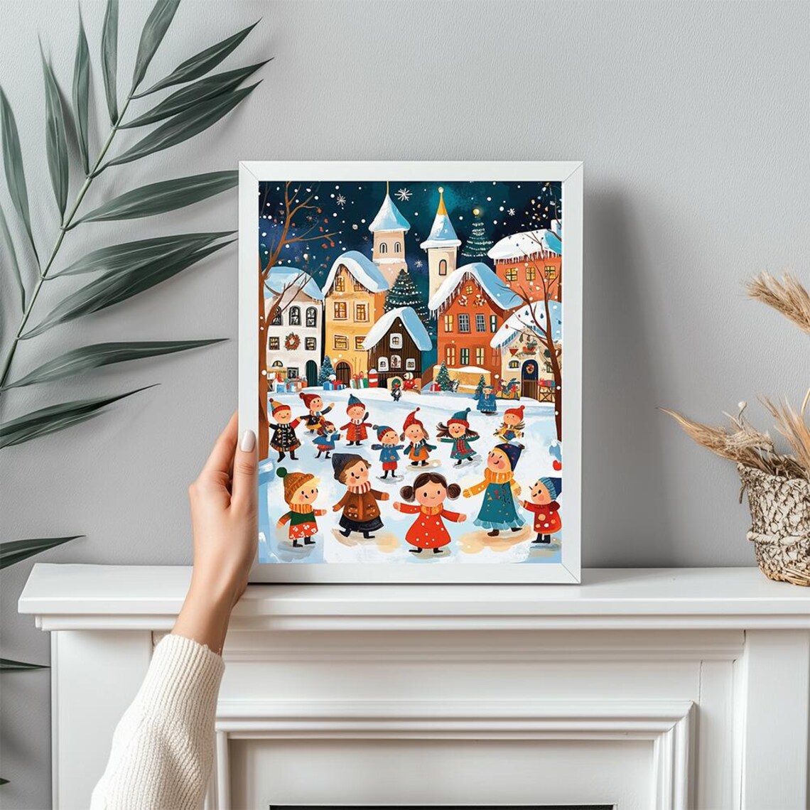 Christmas Village Children Playing In Snow Holiday Art Poster - Image 2
