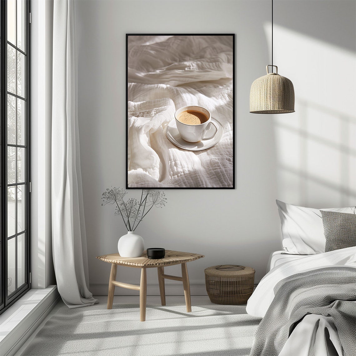 Morning Coffee Cup Resting On Sunlit White Bedding Bedroom Poster - Image 2