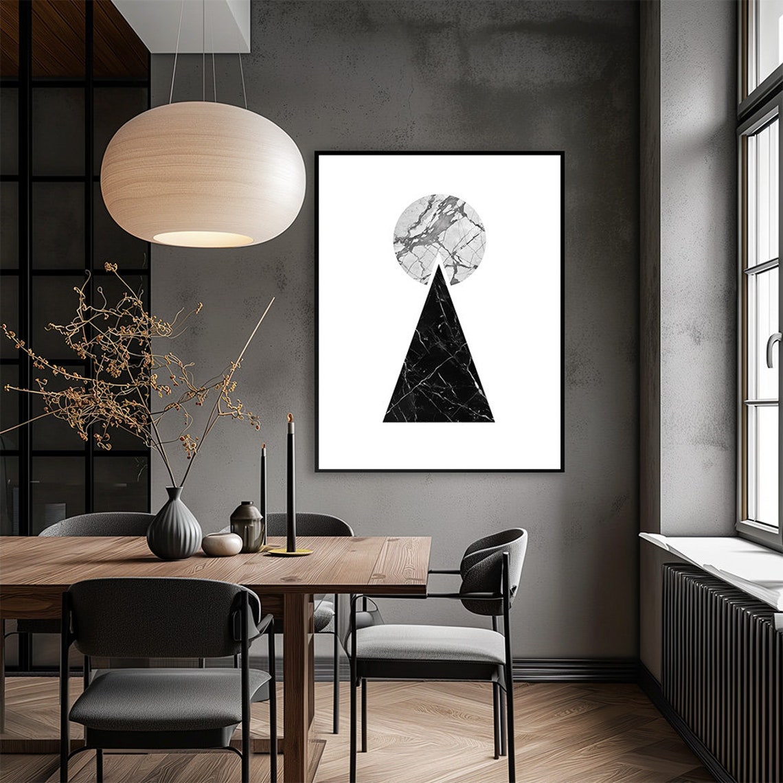 Modern Marble Geometric Art Black Triangle White Circle Minimal Poster - Image 3