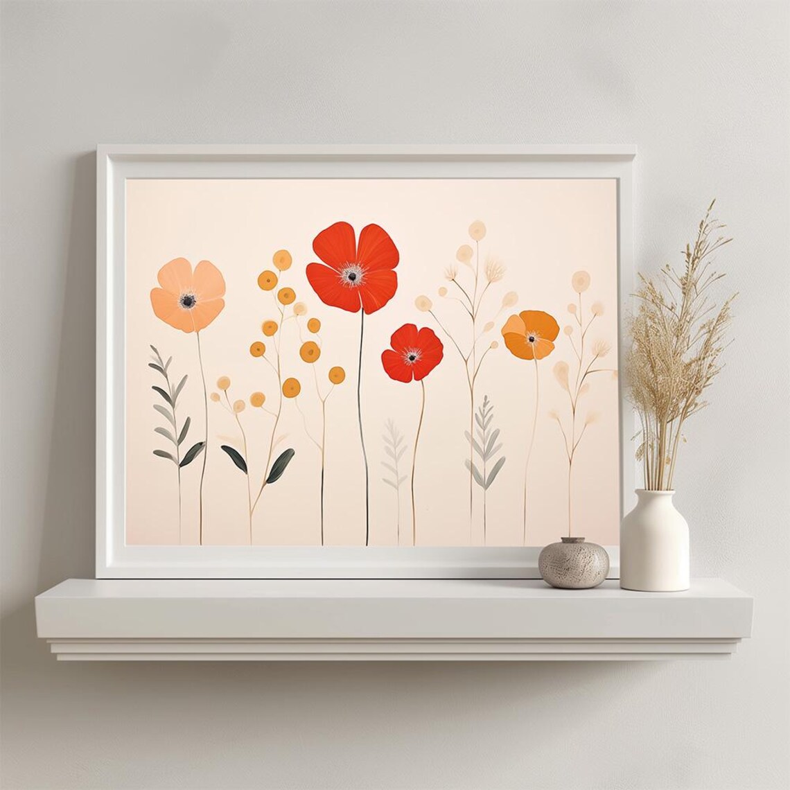 Minimal Red Poppy Wildflower Meadow On Cream Scandinavian Style Poster