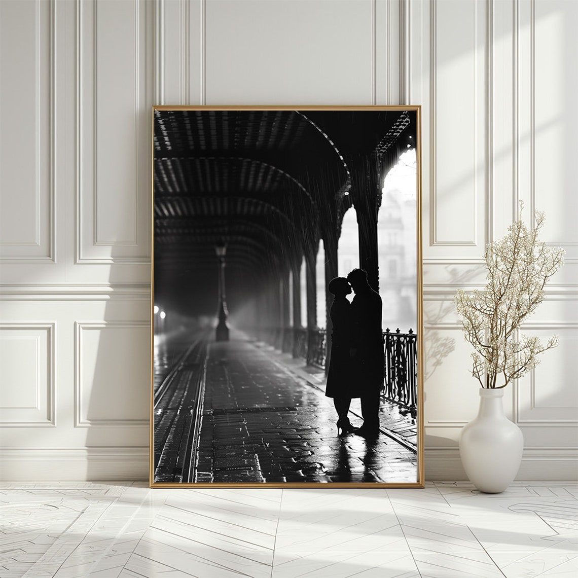 Romantic Black and White Paris Couple Kiss Poster Under Arches - Image 2