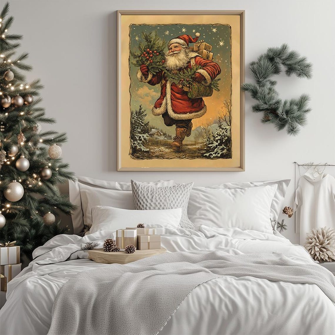 Vintage Santa Carrying Gifts Through A Snowy Night Christmas Poster - Image 2