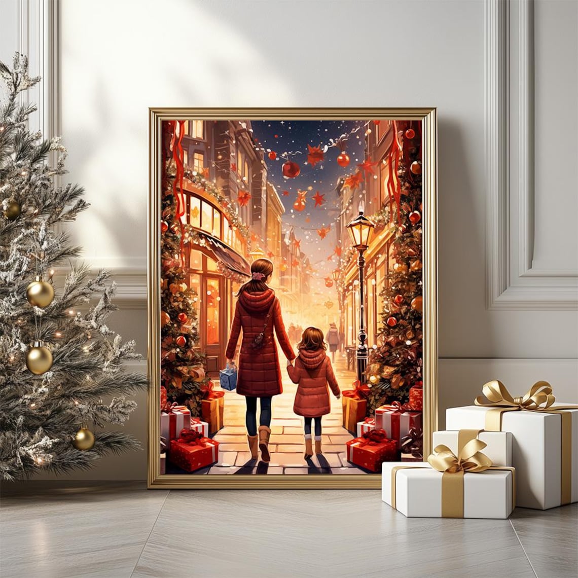Mother And Child Christmas Shopping On Lamp-Lit Street Night Poster