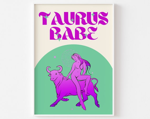 Taurus Star Sign Print Taurus Babe Zodiac Art Colourful Astrology Poster Retro Star Sign Bright Bold Pastel Y2k 90s Funky Groovy