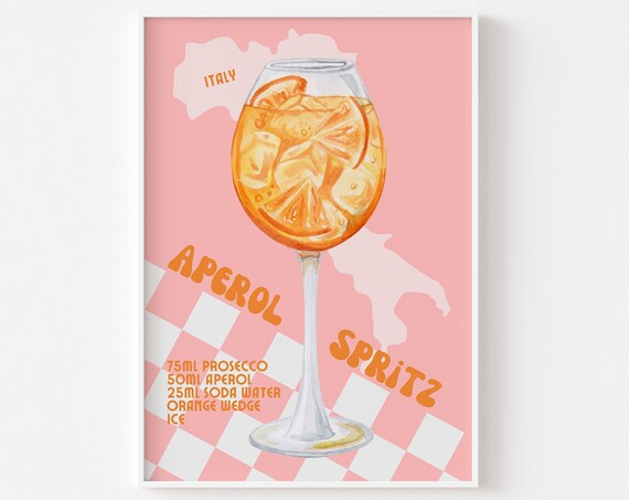 Aperol Spritz Italian Retro Cocktail Recipe Pink Checkerboard Poster