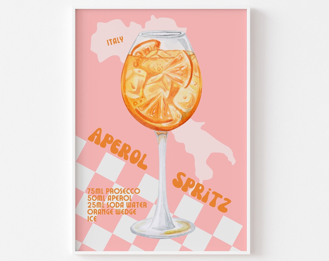 Aperol Spritz Italian Retro Cocktail Recipe Pink Checkerboard Poster