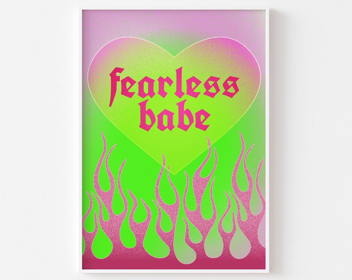 Fearless Babe Y2K Heart Neon Flame Green Pink Retro Art Poster