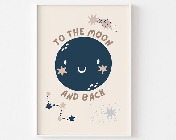 To The Moon And Back Nursery Print, Celestial Decor