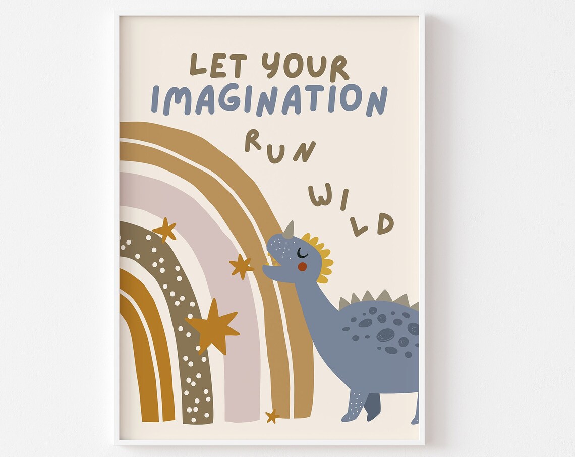 Dinosaur and Rainbow Nursery Print, Boho Poster