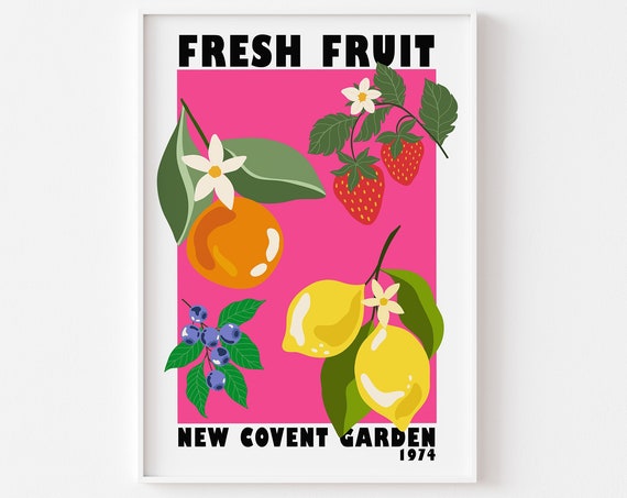 Fruit Market New Covent Garden Print Pink Colourful Retro Art Groovy Kitchen 1970s Bright Bold London On Trend Poster