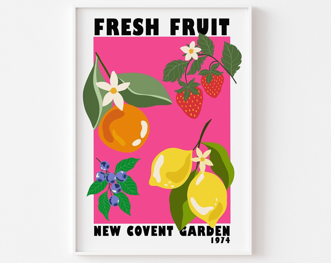 Fresh Fruit New Covent Garden 1974 Retro Pink Fruit Market Poster